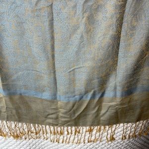 Pashmina scarf. 30% silk/ 70% Acrylic. Sky blue & muted gold